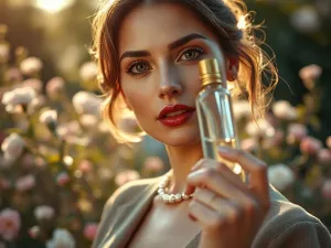 Elegancka kobieta trzymająca luksusowy flakon perfum Carolina Herrera w nastrojowym, butikowym wnętrzu.