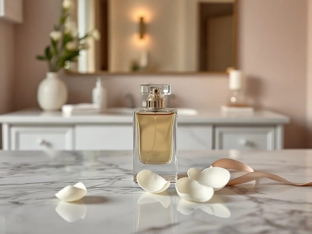 Elegancki flakon perfum La Rive Her Choice na marmurowym blacie, otoczony białymi płatkami kwiatów i jedwabną wstążką.