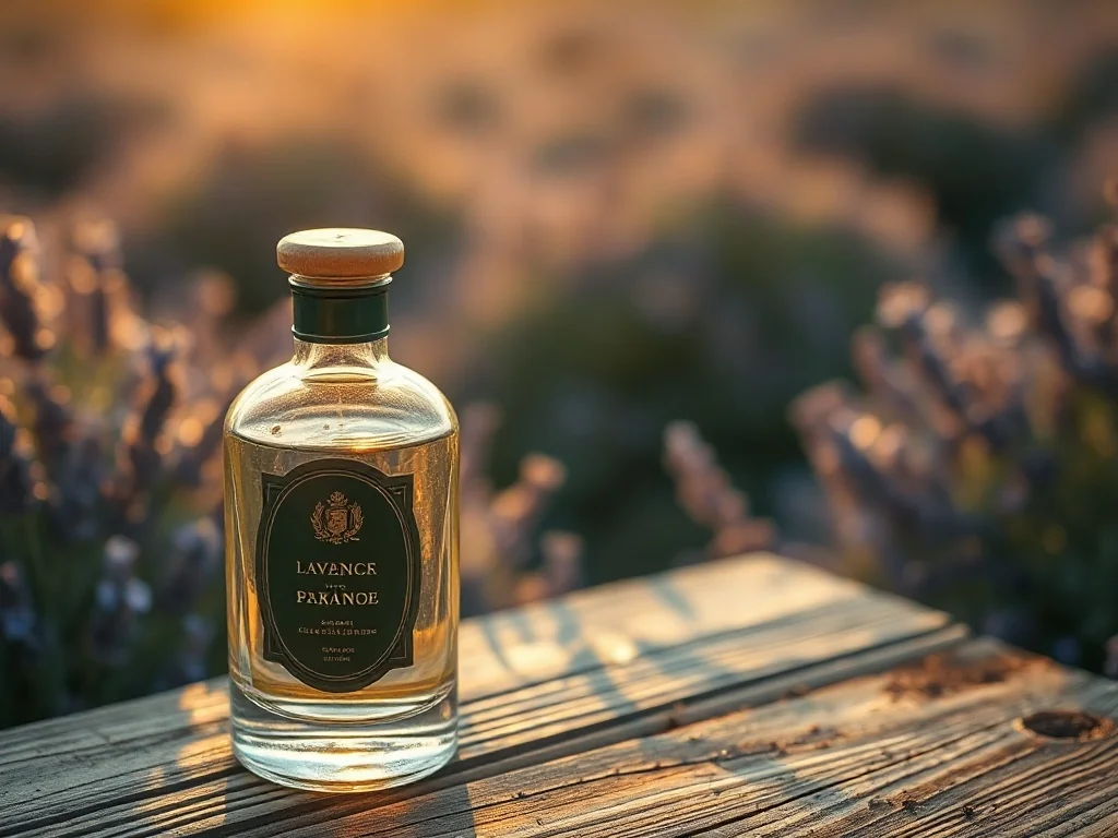Klasyczny flakon perfum Paco Rabanne pour homme na drewnianym stole, w tle rozmyte pole lawendy w świetle zachodzącego słońca.