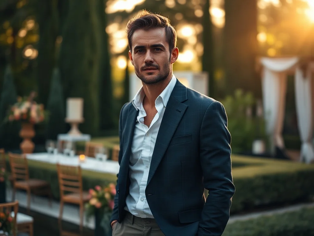 Elegancki mężczyzna w stylu smart-casual: marynarce i spodniach typu chinos, idealny zestaw na wesele bez garnituru.